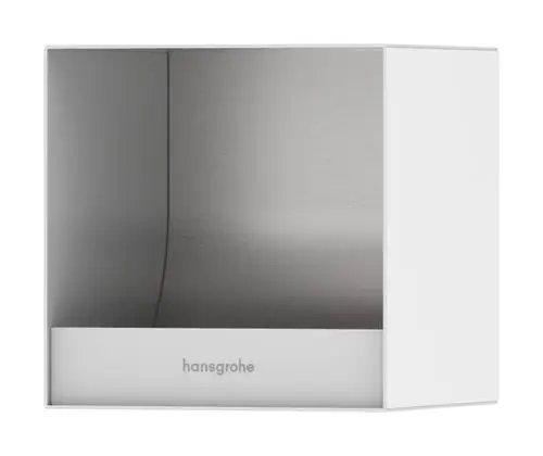 Toilettenpapierhalter in mattem Weiß mit integrierter Halterung. Die Rückwand hat eine gebürstete Metalloberfläche. Produkt von Hansgrohe.